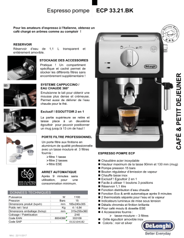 Product information | Delonghi ECP33.21.BK Noir Machine à expresso Product fiche | Fixfr