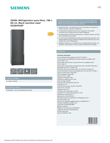 Product information | Siemens KS36VAXEP Réfrigérateur 1 porte Product fiche | Fixfr