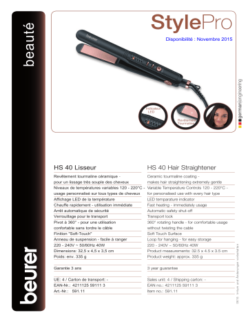 Product information | Beurer HS40 Lisseur Product fiche | Fixfr