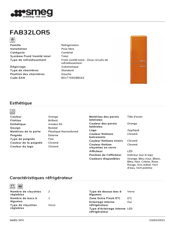 Product information | Smeg FAB32LOR5 Réfrigérateur combiné Product fiche | Fixfr