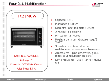 Product information | Brandt FC21MUW Mini four Product fiche | Fixfr
