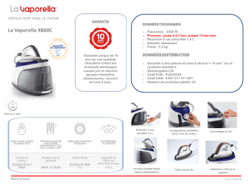 Product information | Polti La Vaporella XB60C Centrale vapeur Product fiche | Fixfr