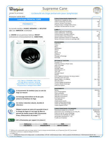 Product information | Whirlpool FSCR 80413 Lave linge hublot Product fiche | Fixfr