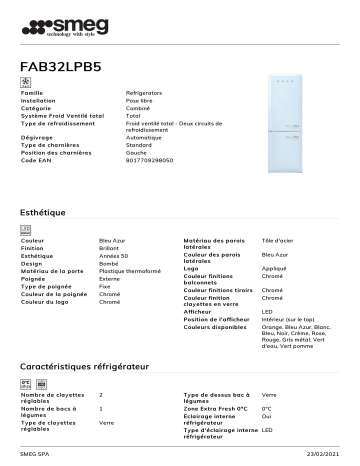 Product information | Smeg FAB32LPB5 Réfrigérateur combiné Product fiche | Fixfr