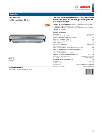 Product information | Bosch DUL63CC50 SERIE 4 Hotte casquette Product fiche | Fixfr