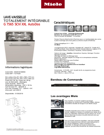 Product information | Miele G 7565 SCVi XXL AutoDos Lave vaisselle tout intégrable Product fiche | Fixfr