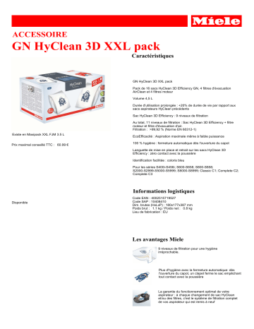 Product information | Miele GN HyClean 3D Efficiency XXL Sac aspirateur Product fiche | Fixfr