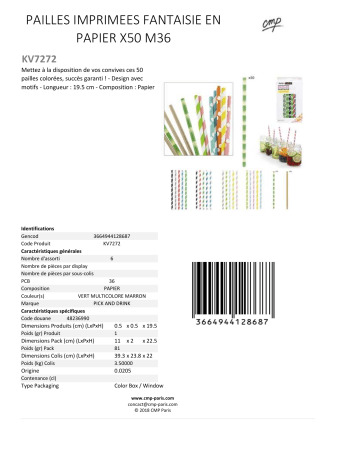 Product information | Pick And Drink IMPRIMEES FANTAISIE EN PAPIER X50 Paille Product fiche | Fixfr