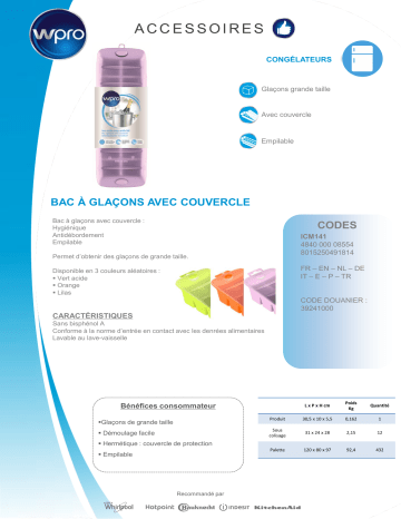 Product information | Wpro A GLACONS AVEC COUVERCLE ICM141 Bac à glaçons Product fiche | Fixfr