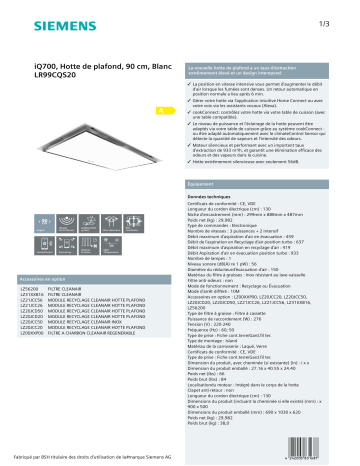 Product information | Siemens LR99CQS20 Plafond Hotte plafond Product fiche | Fixfr