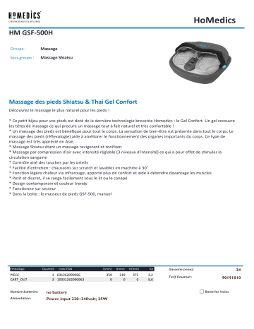 Product information | Homedics HM GSF-500H Masseur pieds Product fiche | Fixfr