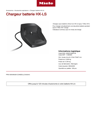 Product information | Miele Chargeur batterie HX-LS Chargeur aspirateur Product fiche | Fixfr
