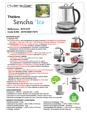 Product information | Riviera Et Bar BTH670 Sencha'Ice Théière Product fiche | Fixfr