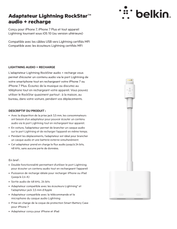 Product information | Belkin RockStar Lightning + Lightning Adaptateur Product fiche | Fixfr