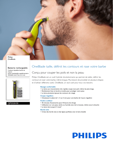 Product information | Philips One blade QP2520/30 Tondeuse barbe Product fiche | Fixfr
