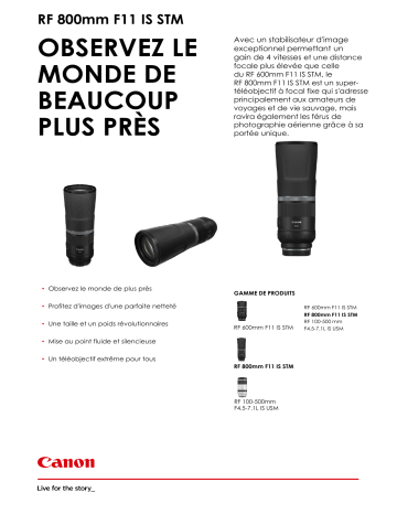 Product information | Canon RF 800mm F11 IS STM Objectif pour Hybride Plein Format Product fiche | Fixfr