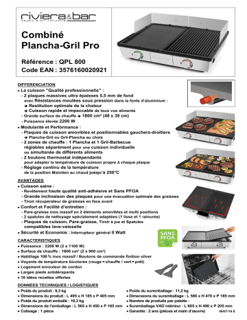 Product information | Riviera Et Bar PRO QPL800 Plancha électrique Product fiche | Fixfr