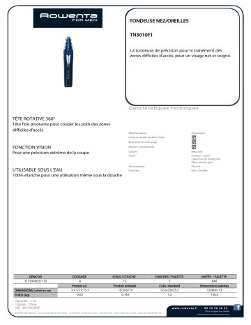 Product information | Rowenta TN3010F1 Tondeuse nez oreilles Product fiche | Fixfr