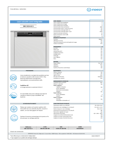 Product information | Indesit DBC3C24ACX Lave vaisselle encastrable Product fiche | Fixfr