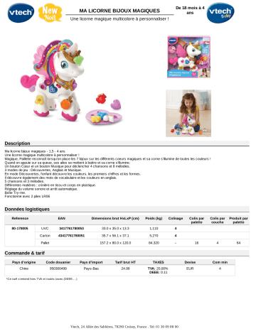 Product information | Vtech Ma licorne bijoux magiques Jeu éducatif Product fiche | Fixfr