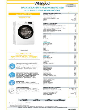 Product information | Whirlpool FFB7438BVFR Lave linge hublot Product fiche | Fixfr