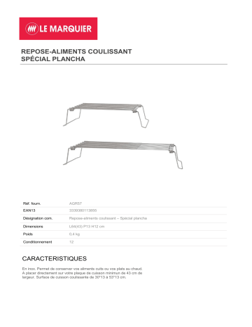 Product information | Le Marquier Repose aliments coulissant de 36 à 63 cm Gril encastrable Product fiche | Fixfr