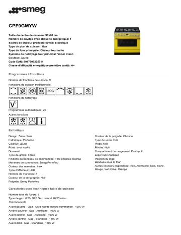 Product information | Smeg portofino CPF9GMYW Piano de cuisson mixte Product fiche | Fixfr