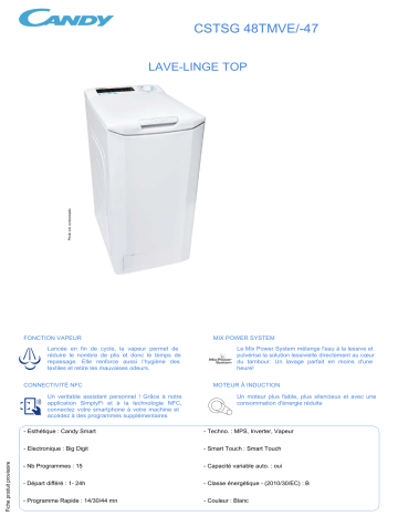 Product information | Candy CSTSG 48TMVE/-47 Lave linge top Product fiche | Fixfr