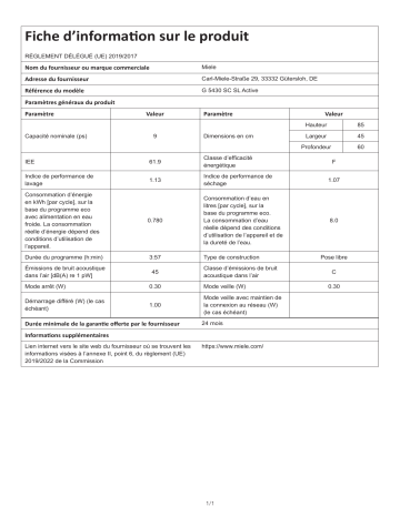 Product information | Miele G 5430 SC SL Lave vaisselle 45 cm Product fiche | Fixfr