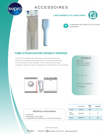 Product information | Wpro DEP 101 - Tube double évacutation LL+LV Y d'évacuation d'eau Product fiche | Fixfr