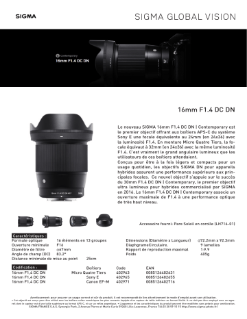 Product information | Sigma 16mm F1.4 DC Contemporary Canon EF-M Objectif pour Hybride Product fiche | Fixfr