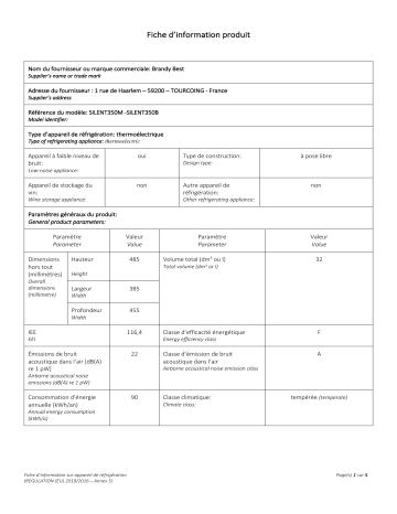 Product information | Brandy Best SILENT350B Mini réfrigérateur Product fiche | Fixfr