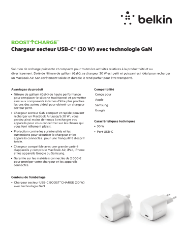 Product information | Belkin 30W USB-C blanc Chargeur secteur Product fiche | Fixfr