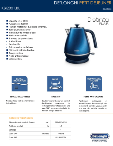 Product information | Delonghi DISTINCTA KBI2001.BL Bleu Bouilloire Product fiche | Fixfr