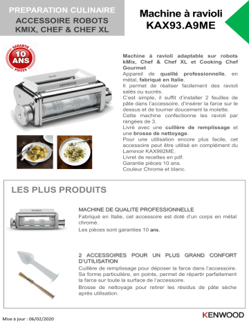 Product information | Kenwood KAX93A9ME Machine à ravioli Laminoir Product fiche | Fixfr