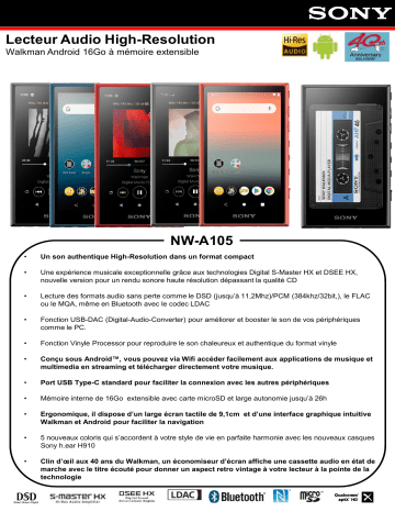 Product information | Sony NW-A105 noir Lecteur MP4 Product fiche | Fixfr