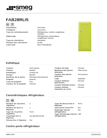 Product information | Smeg FAB28RLI5 Réfrigérateur 1 porte Product fiche | Fixfr