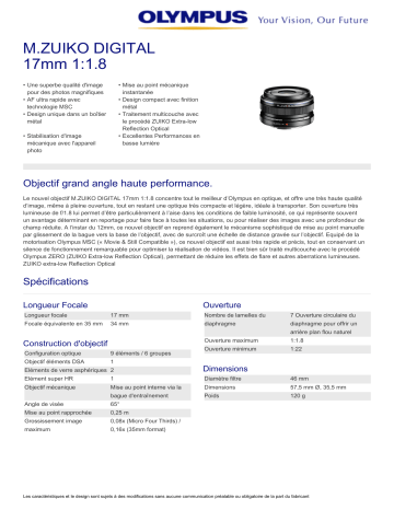 Product information | Olympus 17mm f/1.8 silver M.Zuiko Objectif pour Hybride Product fiche | Fixfr