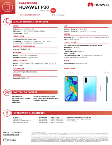 P30 Nacré | Product information | Huawei P30 Bleu Aurore Smartphone Product fiche | Fixfr