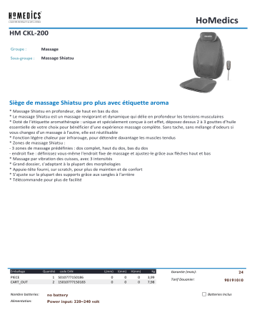 Product information | Homedics CKL-200 Siège massant Product fiche | Fixfr