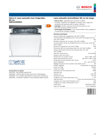 Product information | Bosch SMV41D00EU SERIE 4 Lave vaisselle tout intégrable 60 cm Product fiche | Fixfr