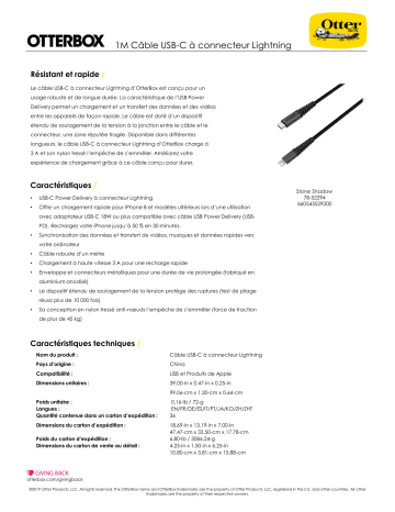 Product information | Otterbox Lightning USB-C 1m Noir Câble alimentation Manuel utilisateur | Fixfr