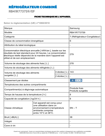 Product information | Samsung RB41R7737S9 Réfrigérateur combiné Product fiche | Fixfr