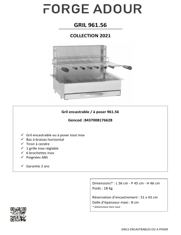 Product information | Forge Adour encastrable inox 961.56 Barbecue charbon Product fiche | Fixfr