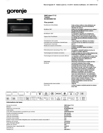 Product information | Gorenje BCMS598S19X Micro ondes encastrable Manuel utilisateur | Fixfr