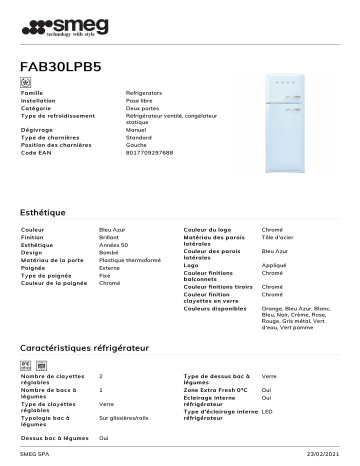 Product information | Smeg FAB30LPB5 Réfrigérateur combiné Product fiche | Fixfr