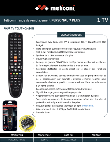 Product information | Meliconi Personal 7 Plus (Thomson et TCL) Télécommande universelle Product fiche | Fixfr