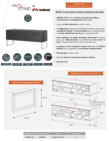 Product information | Meliconi Merida 120 cm noir Meuble TV Product fiche | Fixfr