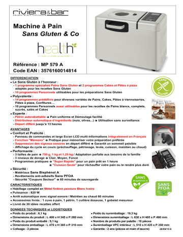 Product information | Riviera Et Bar Sans Gluten & Co MP579A Ivoire Machine à pain Product fiche | Fixfr
