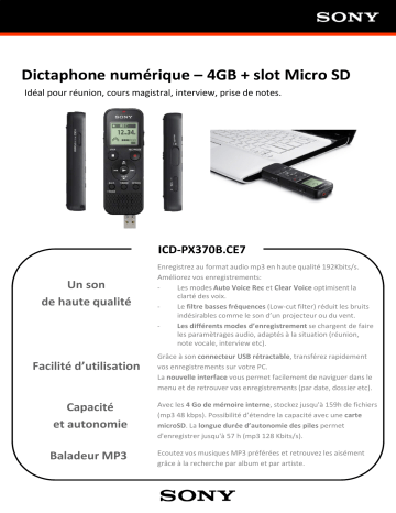Product information | Sony ICD-PX370 Dictaphone Product fiche | Fixfr